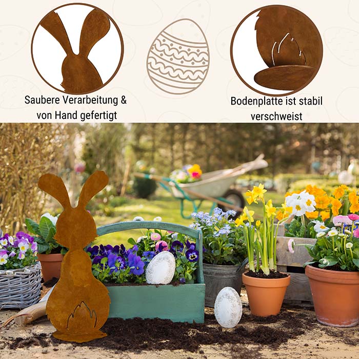 Edelrost Deko Osterhase "Berti" | Osterdeko Hase für Garten und Haus - Metall Hase für draußen und drinnen