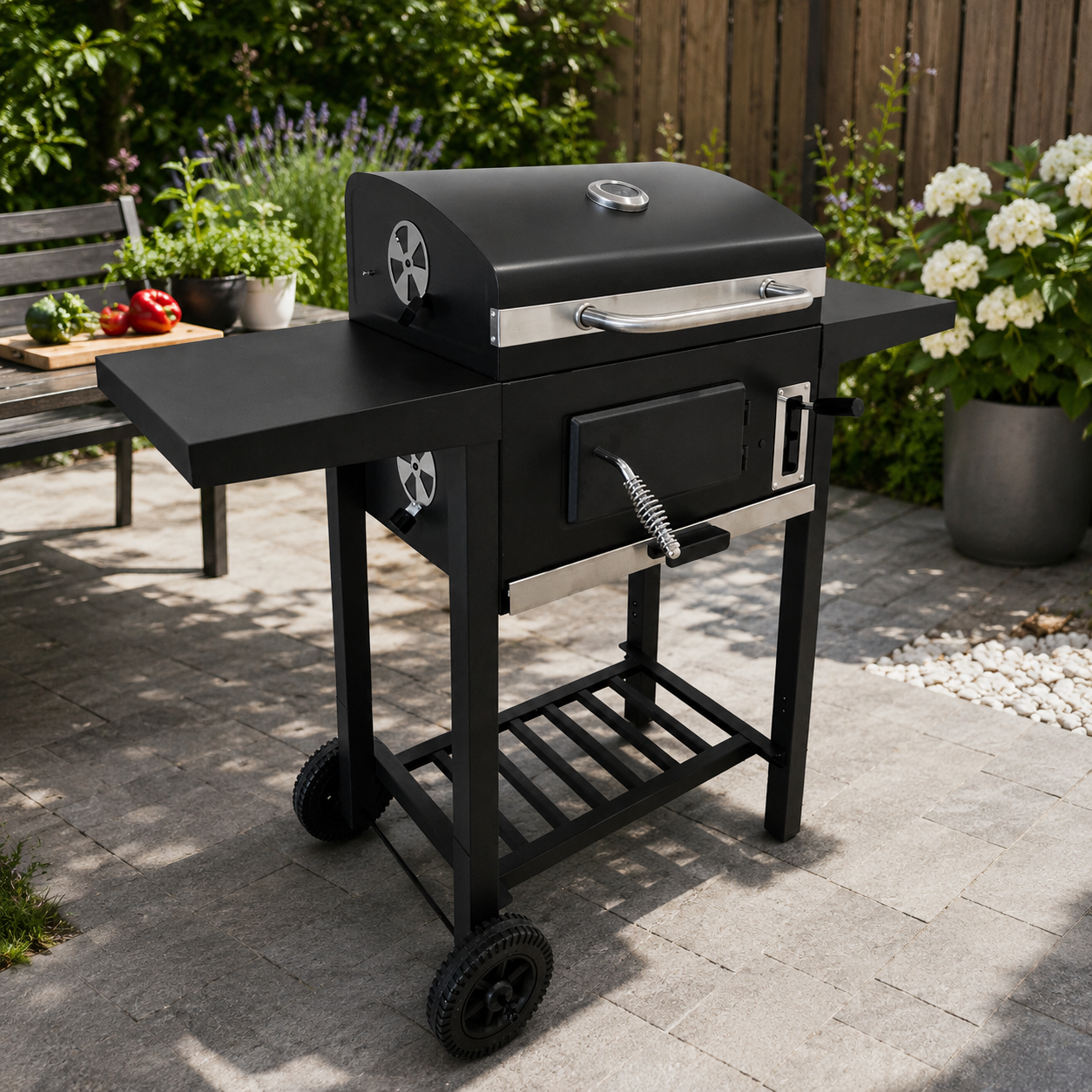 Trolley Holzkohlegrill mit Doppel-Seitenablagen, Grill