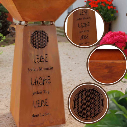 Rost Deko Pflanzsäule mit Blume des Lebens & Lebensspruch