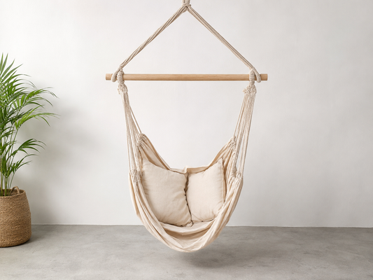 Hängesessel Beige – 130 × 100 cm inkl. 2 Kissen, Seil, Holzstab & S-Hake