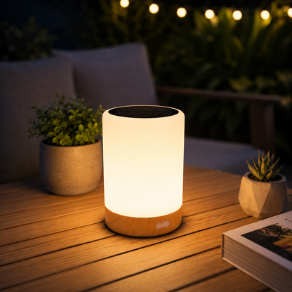 Solar-LED-Tischleuchte in Holzoptik