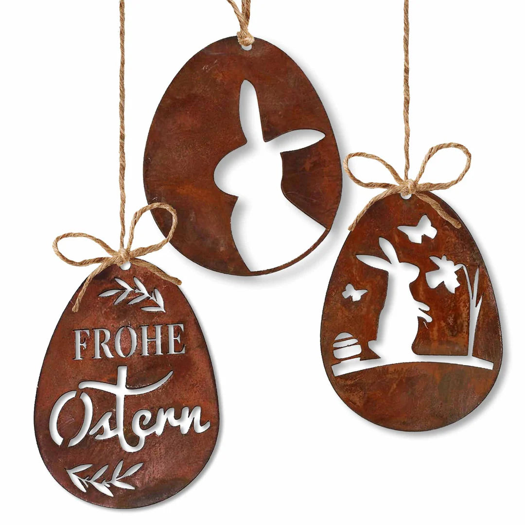Edelrost Ostereier Deko Set 'Frohe Ostern' zum hängen | Metall Ostern Hängedeko - Handgemachte Spitzenqualität