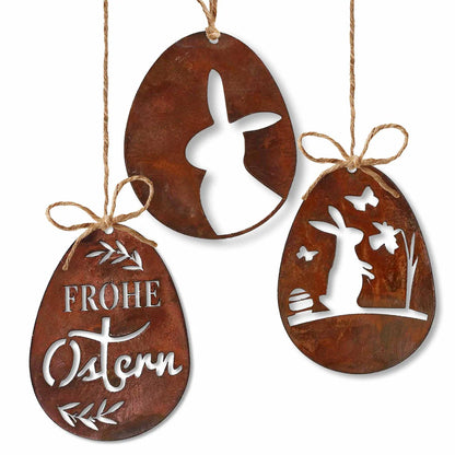 Edelrost Ostereier Deko Set 'Frohe Ostern' zum hängen | Metall Ostern Hängedeko - Handgemachte Spitzenqualität