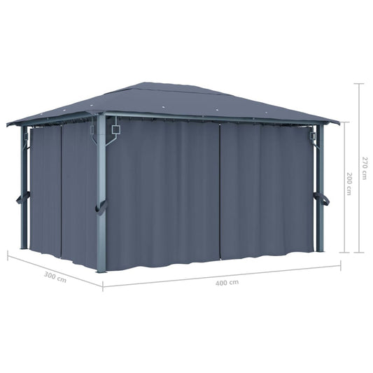 Pavillon mit Vorhängen & LED-Lichterkette Alu 400 x 300 x 270 cm