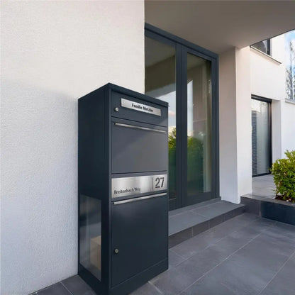 Paketbox mit Briefkasten | mit seitlichen Sichtfenstern | personalisiert mit Gravur | Edelstahl-Namensschild | Anthrazit | Bispo 2 SF